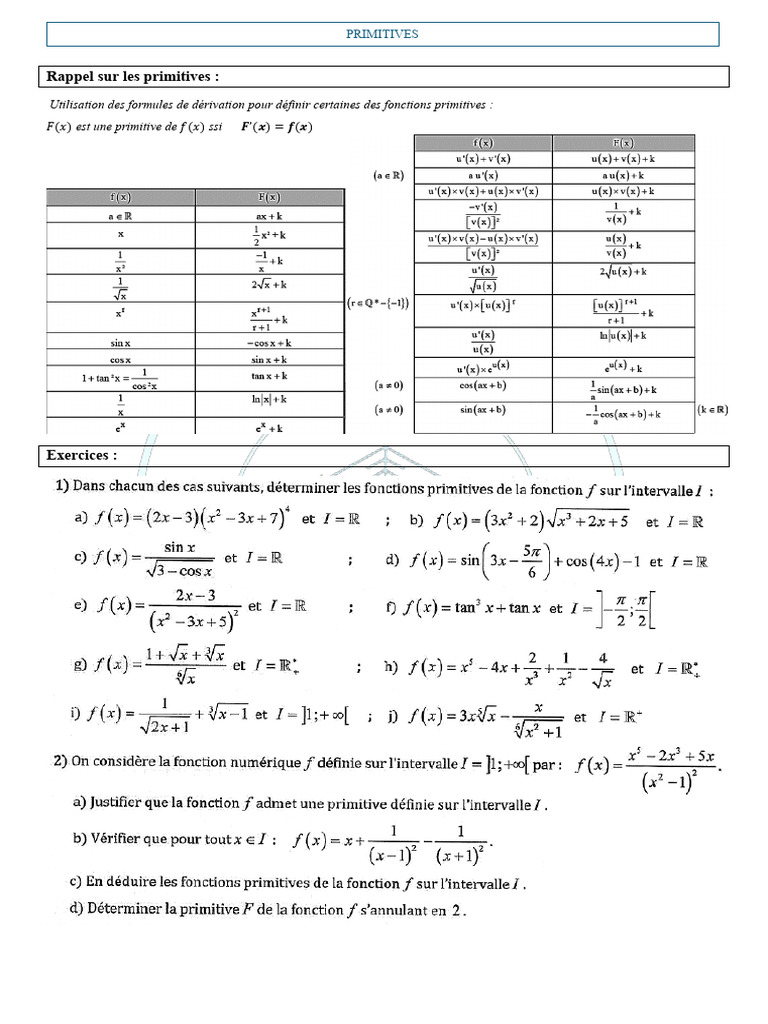 Primitives Exercices Corrigés | PDF