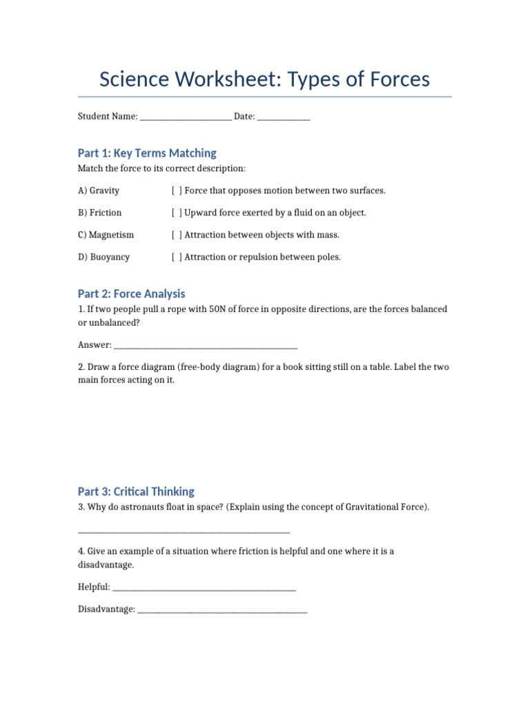 Science Worksheet Forces | PDF