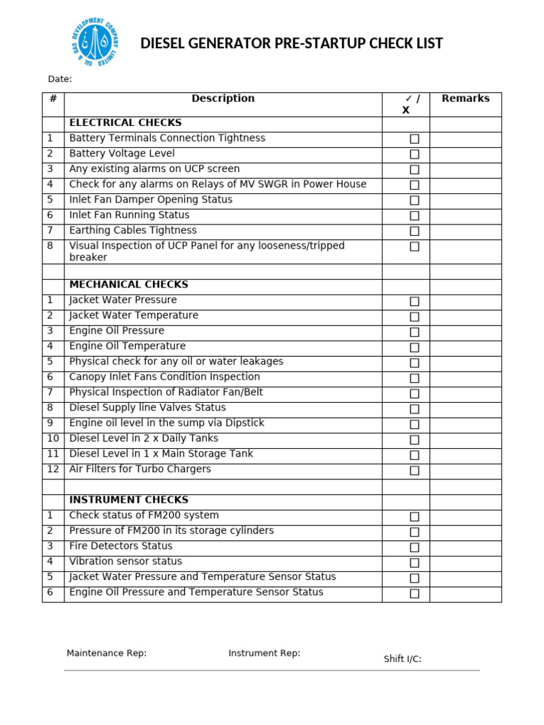 Diesel Generator Startup Checklist | PDF