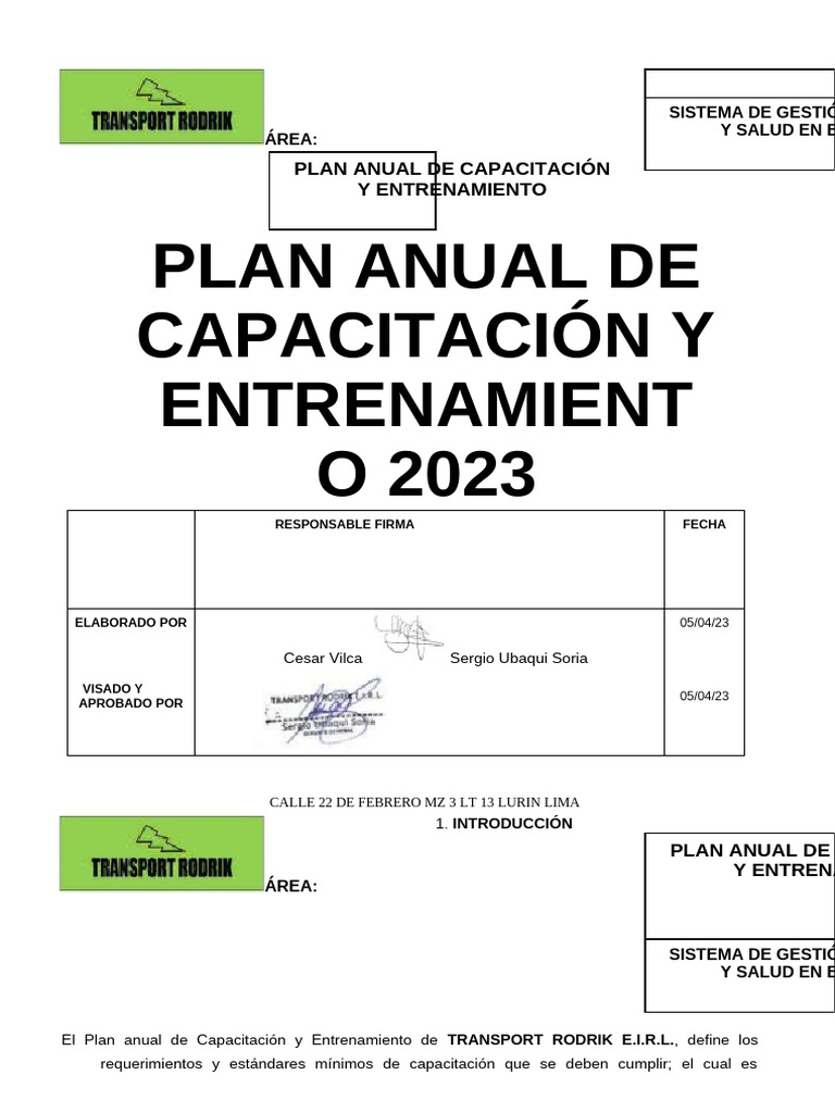 Plan Anual de Capacitacion y Entrenamiento 2023 - Rodrik | PDF ...