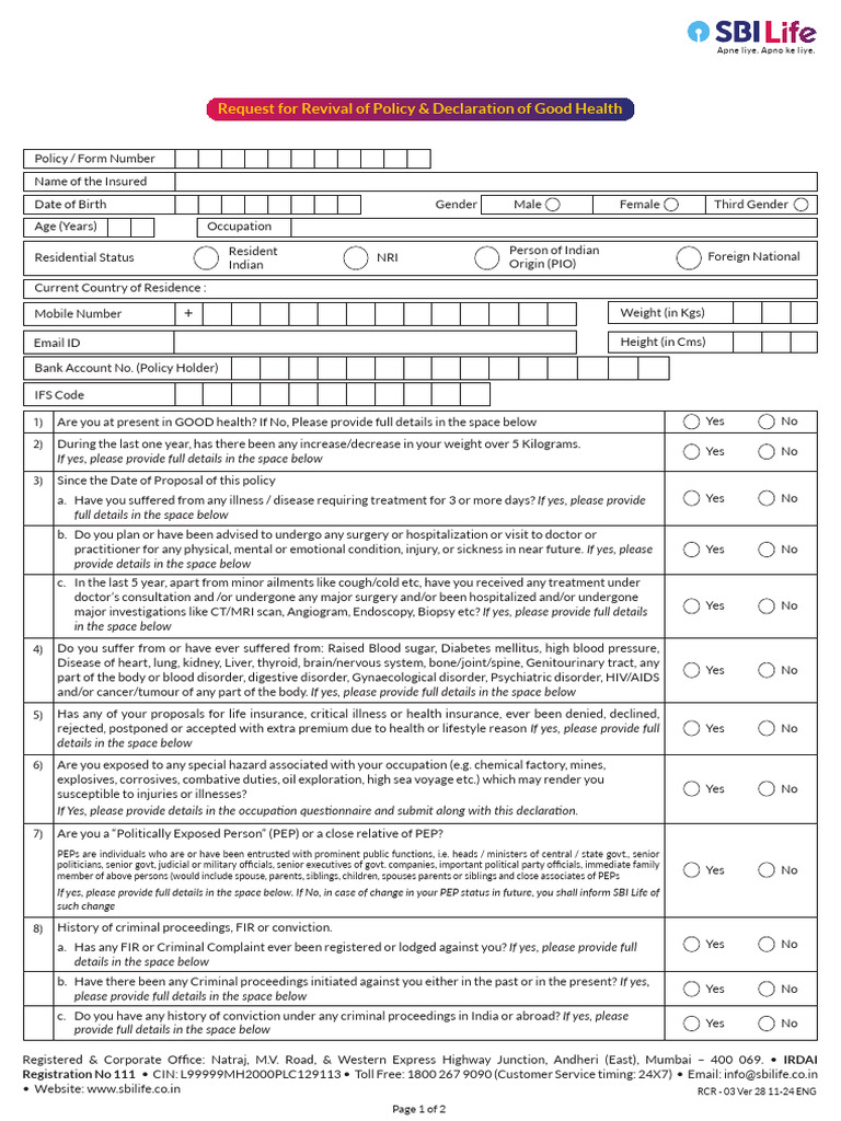 Declaration+of+Good+Health+Form | PDF | Insurance | Medical Specialties