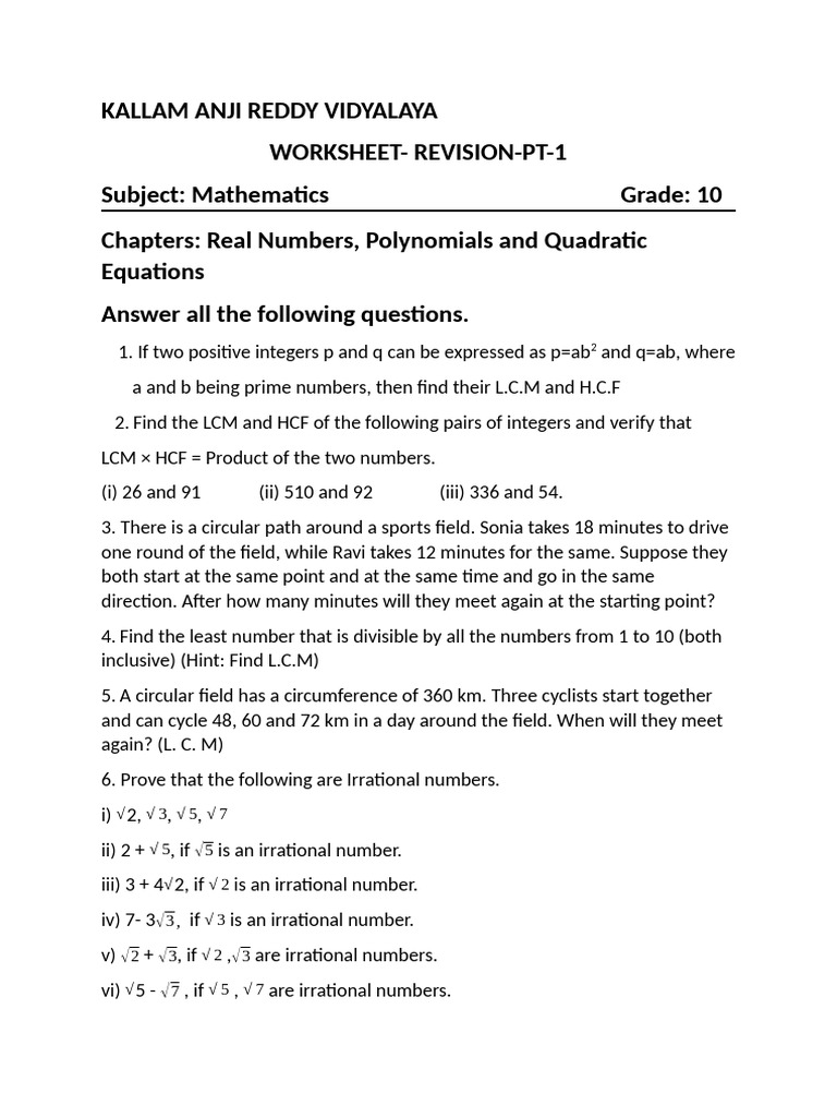 Revision Worksheet- Grade 10 -Maths | PDF | Quadratic Equation | Polynomial