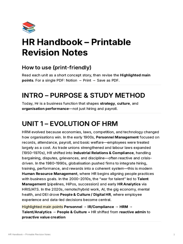 HR Handbook Printable Revision Notes | PDF | Human Resource Management ...