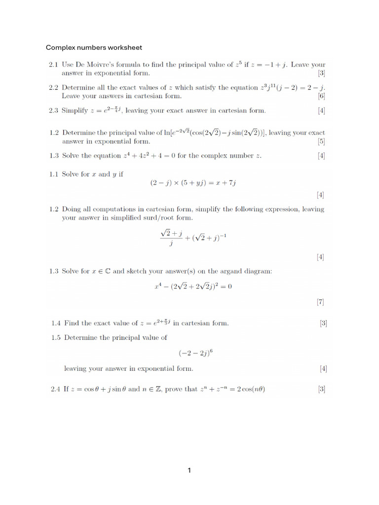 Complex Numbers Worksheet | PDF