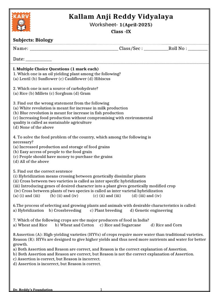 Class 9 Bio Worksheet 1 | PDF | Crops | Genetically Modified Crops