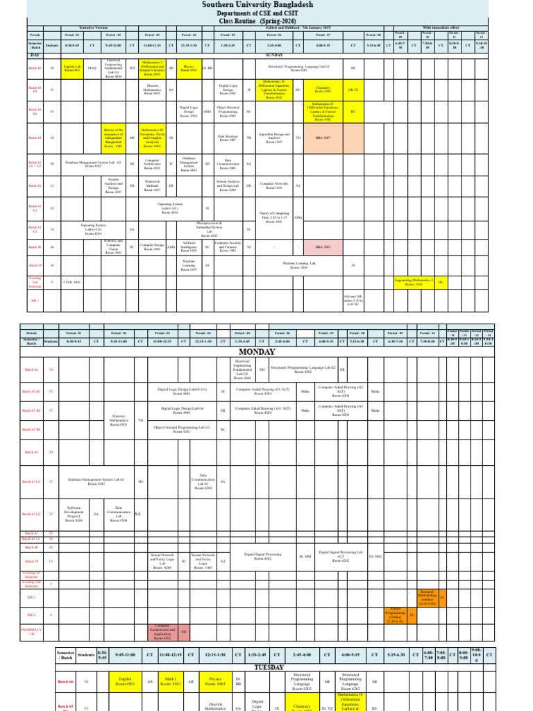 CSE Class Routine Spring 2026 V6-1 | PDF | Mathematics | Laplace Transform