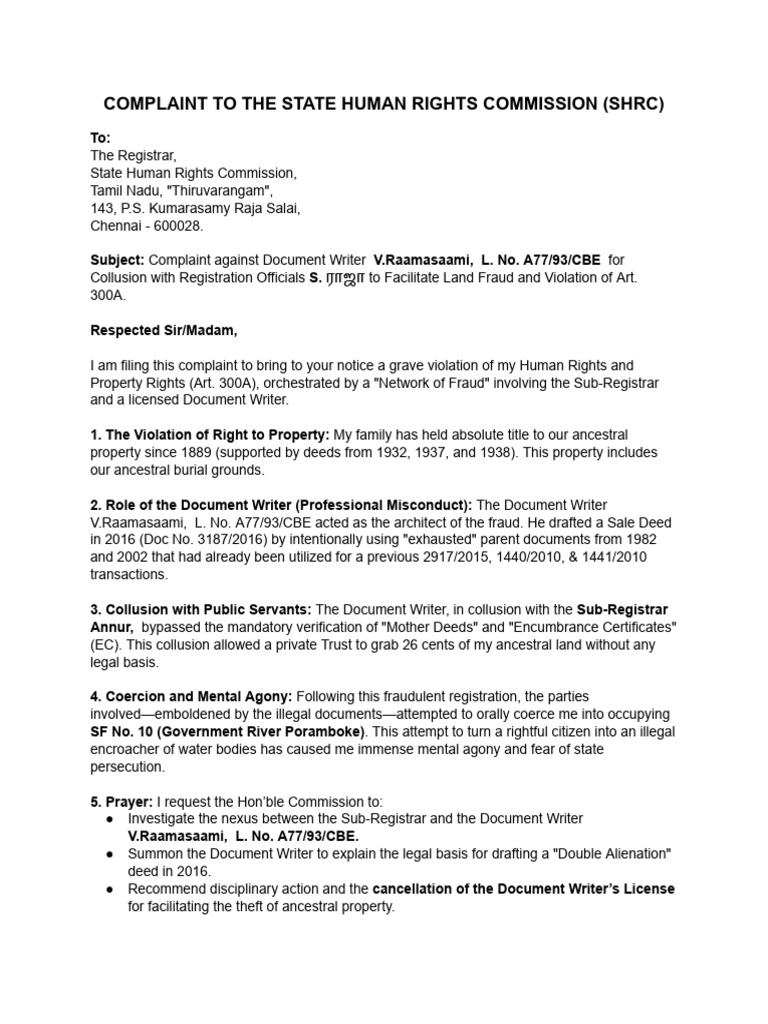 Letter to SHRC About Doc Writer | PDF | Civil Law (Common Law) | Common Law