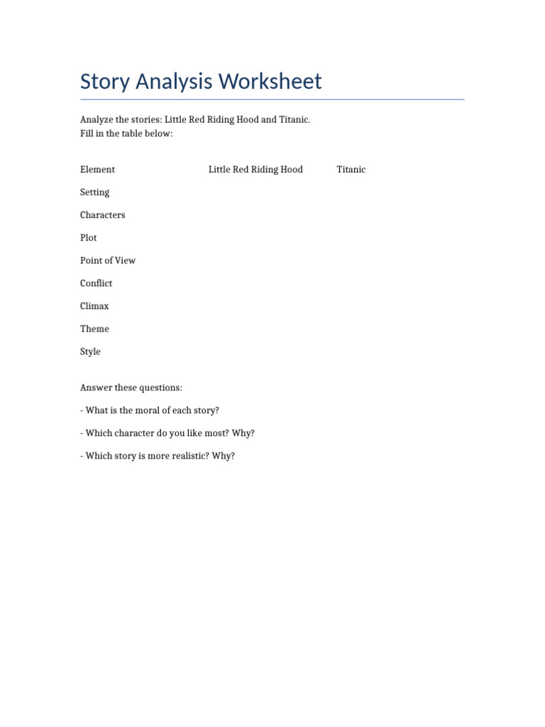 Story Analysis Worksheet | PDF