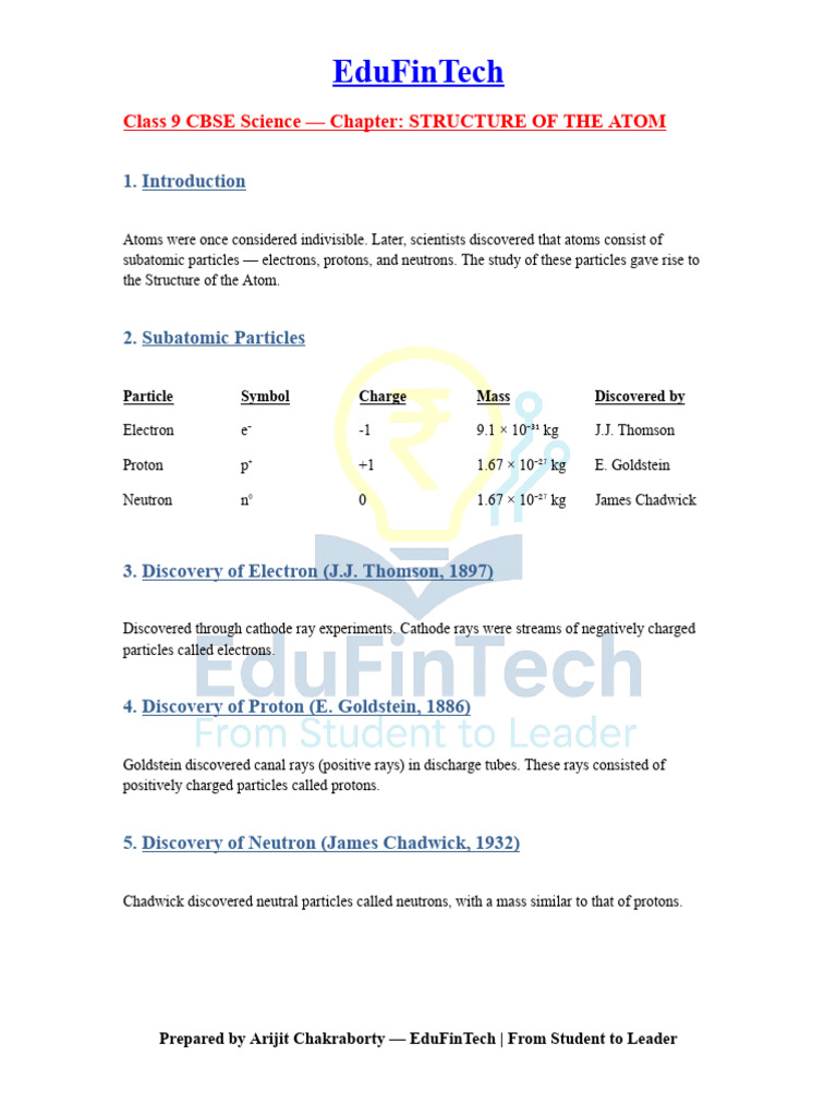 Class 9 CBSE - Structure of Atom | PDF | Atoms | Electron