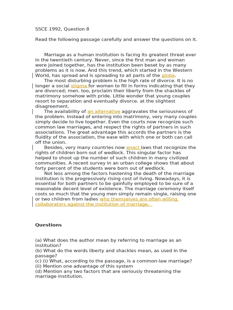 Comprehension Question -SSCE 1992 | PDF | Cost Of Living | Marriage