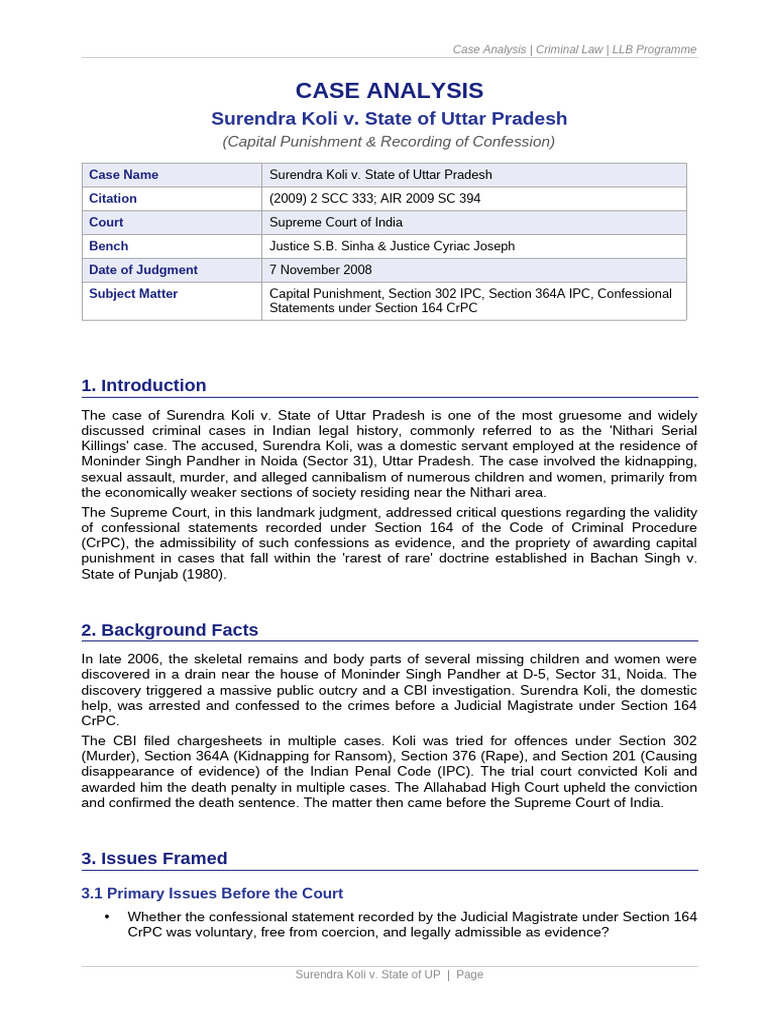Surendra Koli Case Analysis (2) | PDF | Confession (Law) | Capital ...