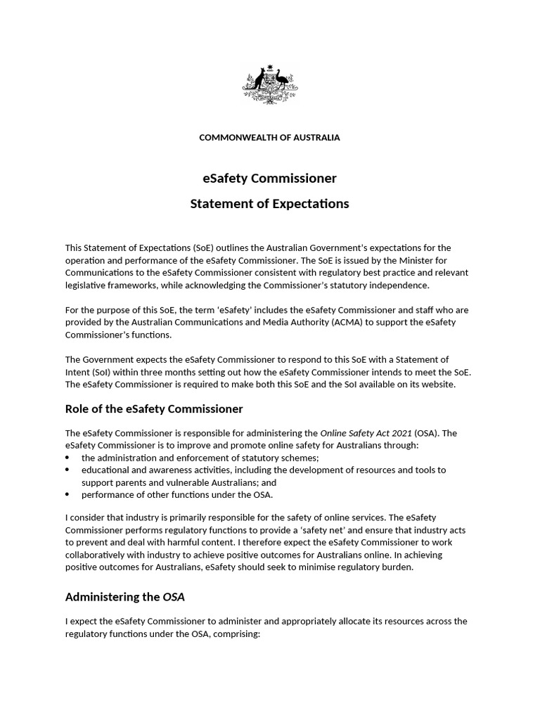 Esafety Commissioner Statement of Expectations | PDF
