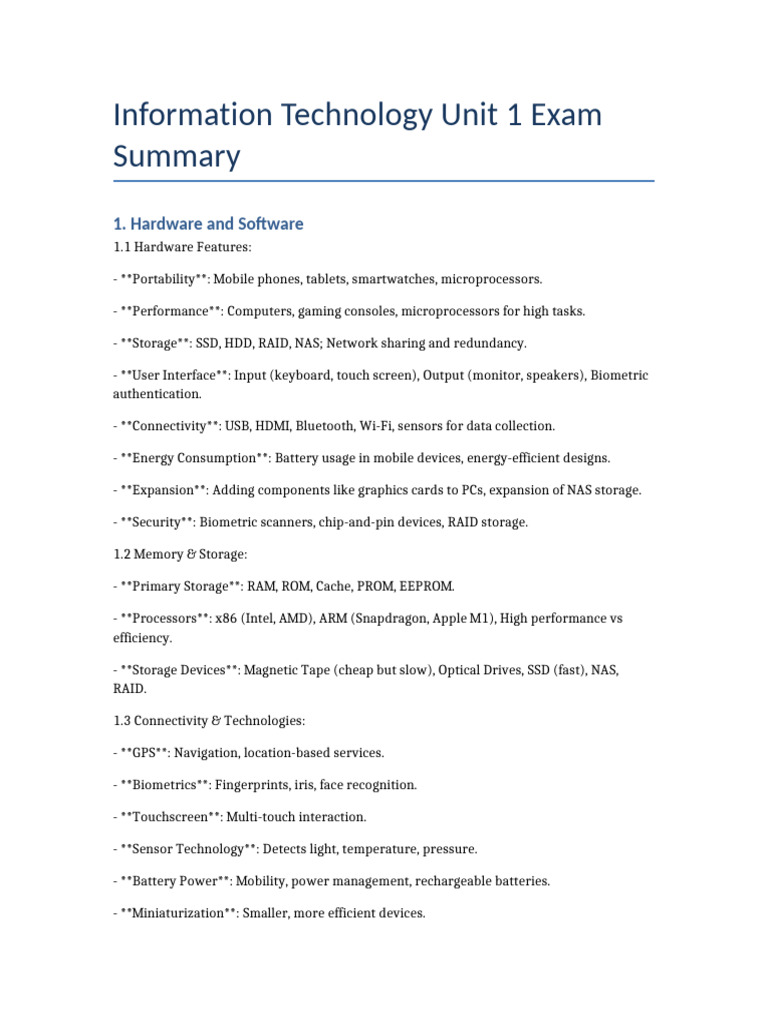 IAL IT Unit 1 Exam Summary | PDF | Computer Data Storage | Byte