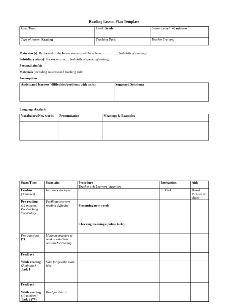 Reading Lesson Plan Template | PDF | Lesson Plan | Teachers