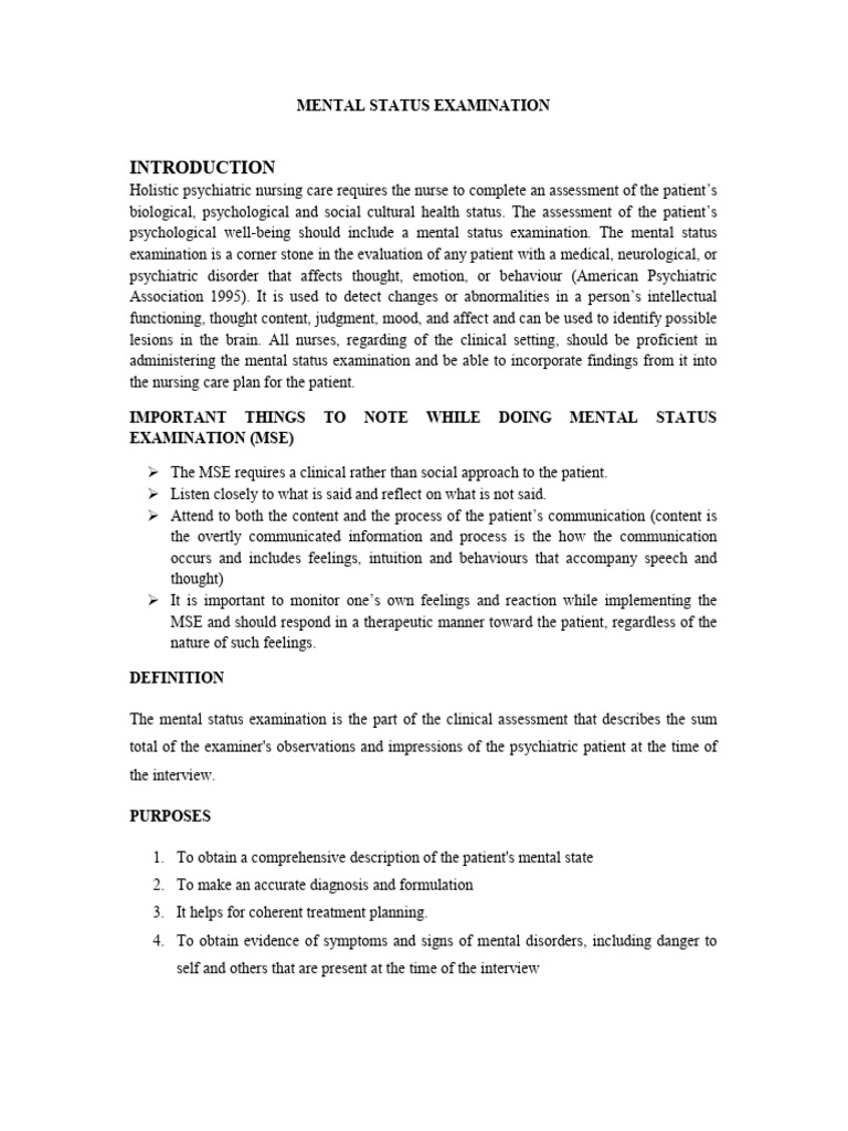 MENTAL STATUS EXAMINATION FORMAT | PDF | Psychiatry | Neuroscience