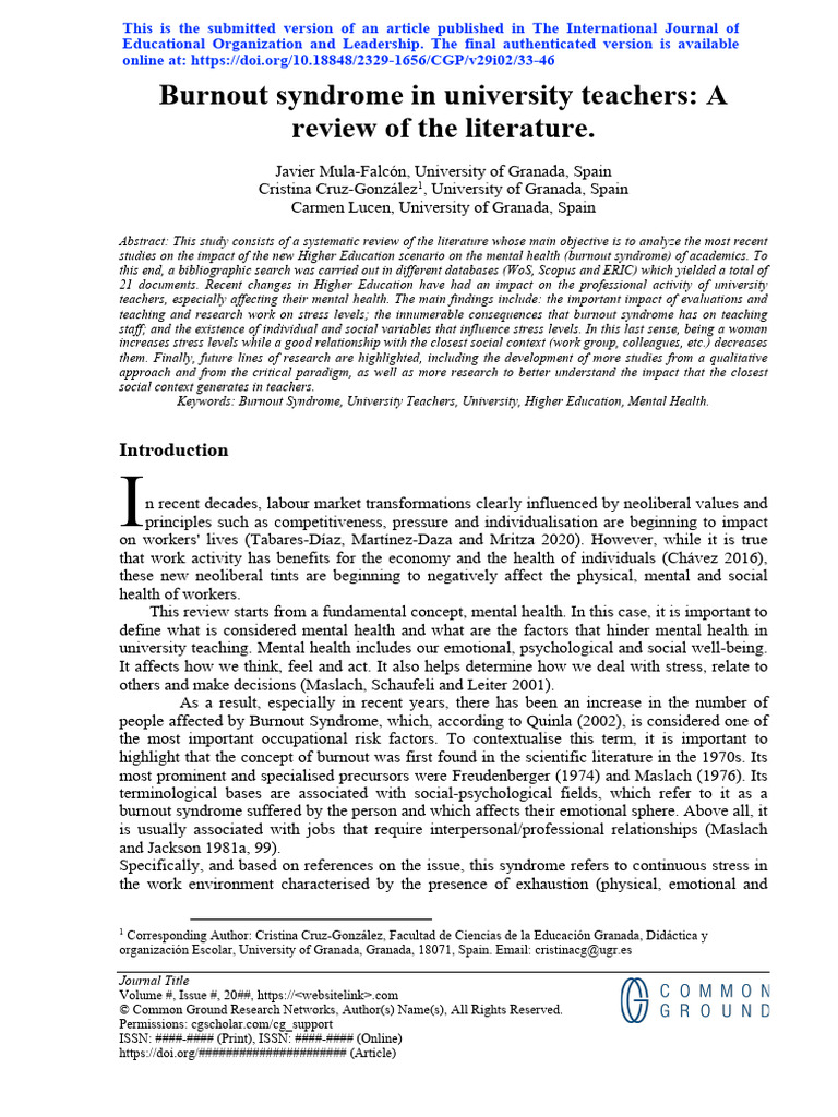 Submitted Version | PDF | Occupational Burnout | Psychology