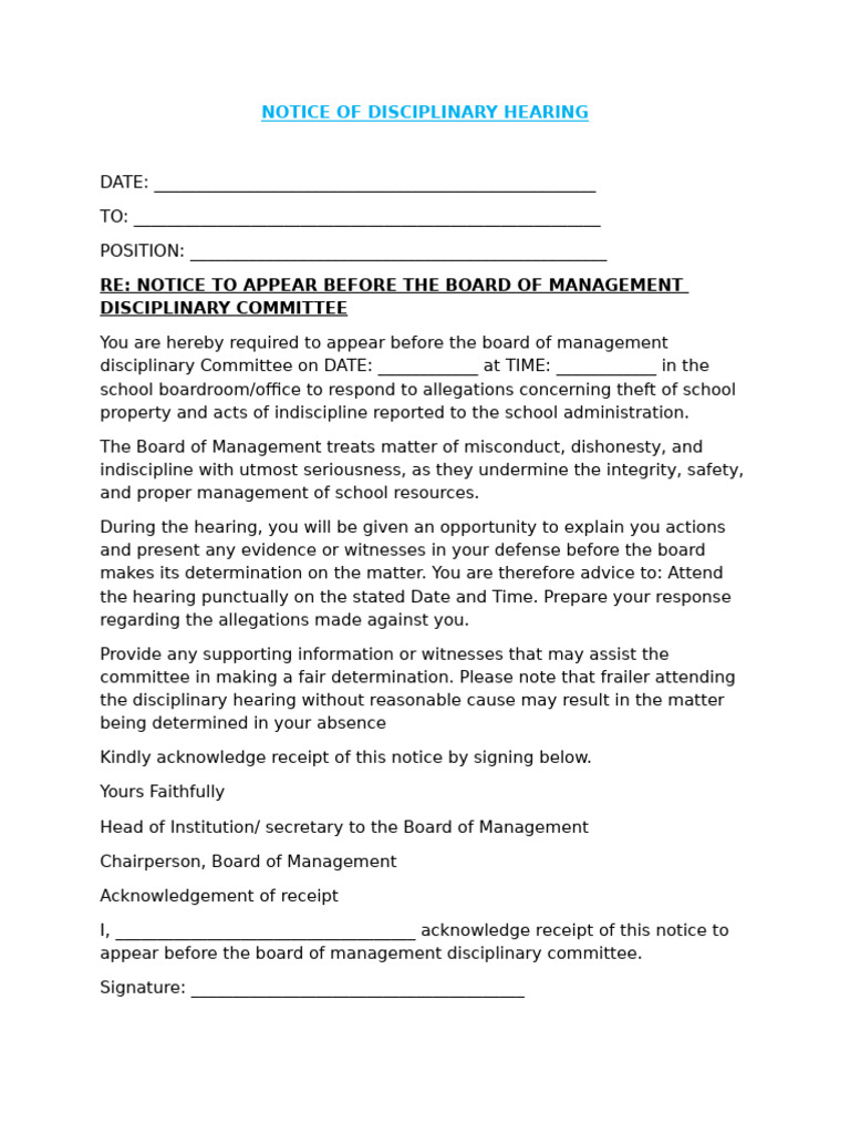 Notice of Disciplinary Hearing | PDF