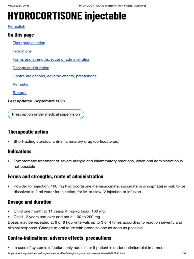 HYDROCORTISONE Injectable _ MSF Medical Guidelines | PDF | Medical ...