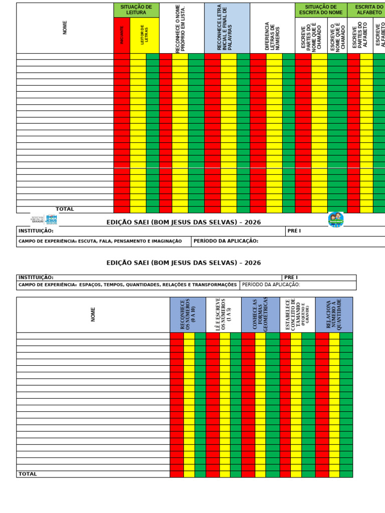 2026 - Tabela para Preenchimento Do Saei Por Turma | PDF | Escrita ...