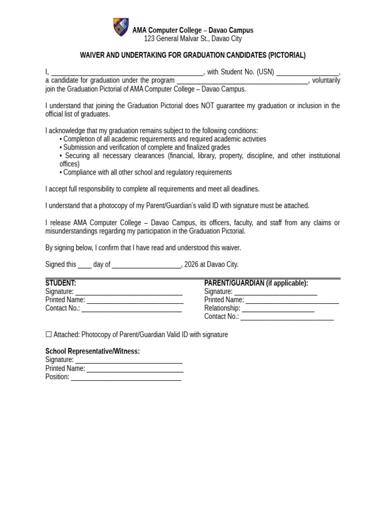 Waiver for Graduation Pictorial | PDF