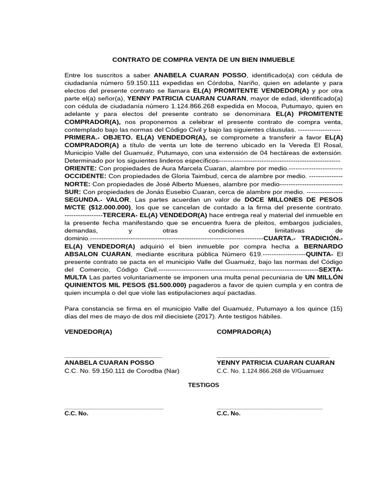Contrato de Compra Venta de Un Bien Inmueble | PDF