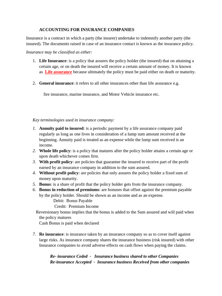 ACCOUNTING FOR INSURANCE COMPANIES - Financial Statements | PDF ...