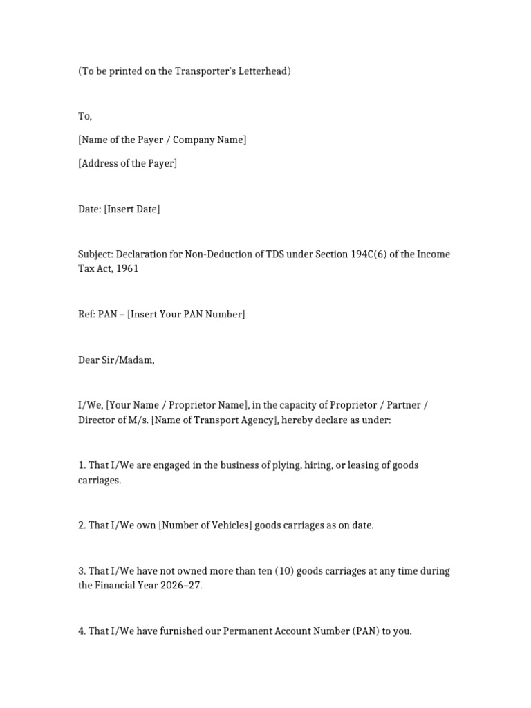 TDS Non Deduction Declaration Transporter | PDF