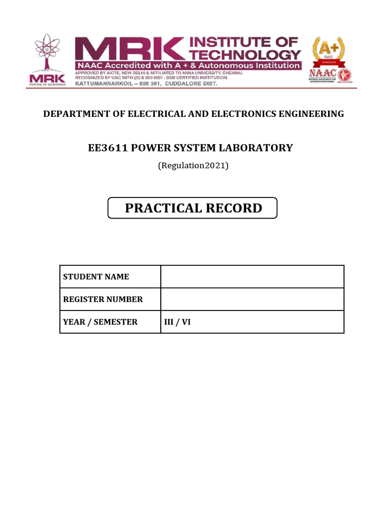 EE3611 PS LAB Record Final Print | PDF | Transmission Line | Electric Power
