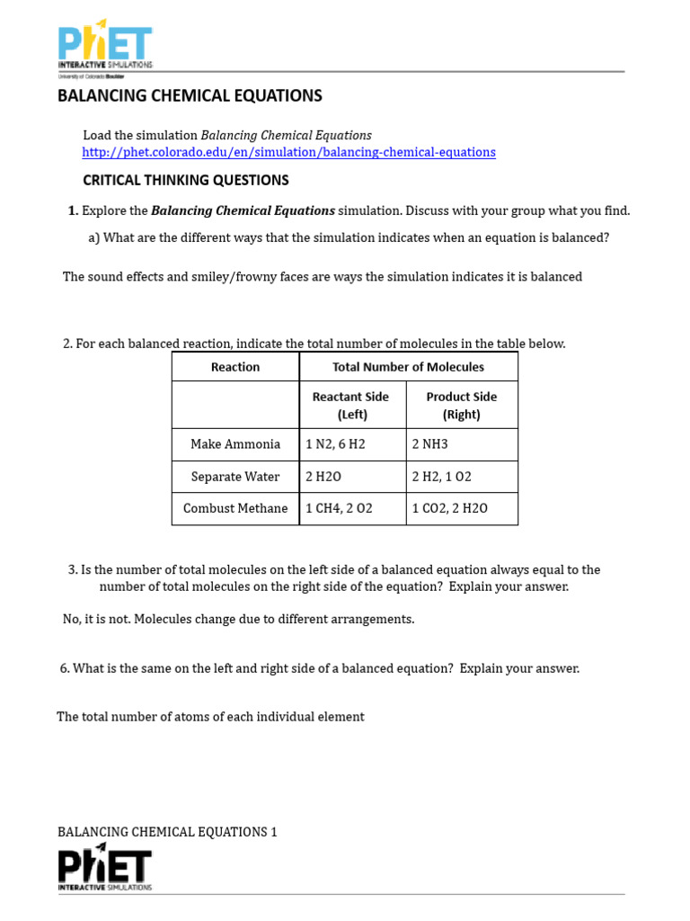 Balancing Chemical Equations Guided Inquiry_StudentHandout | PDF ...