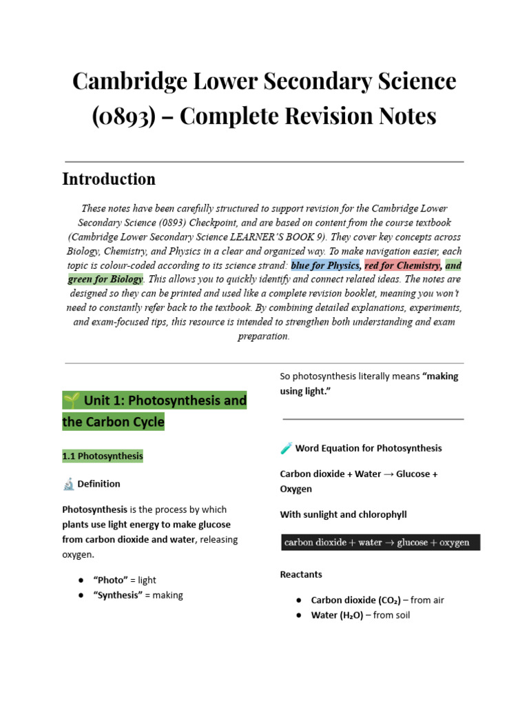 Cambridge Lower Secondary 0893 Notes | PDF | Ionic Bonding | Stoma