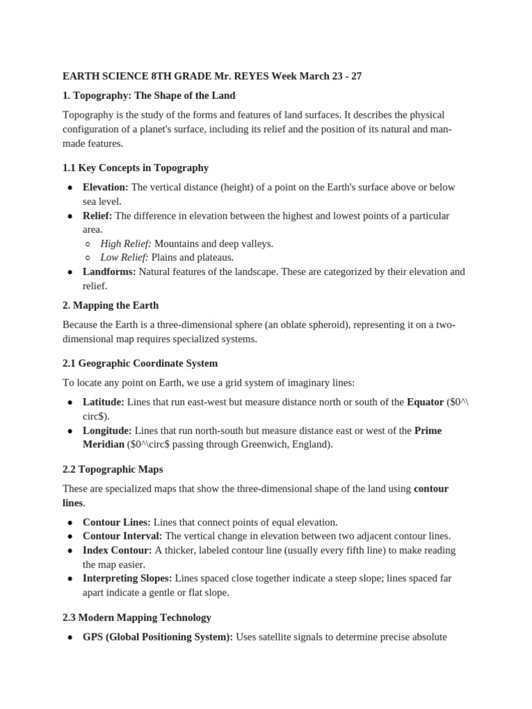 6 Week Earth Science 8th Geosphere Surface Features and Mapping | PDF ...
