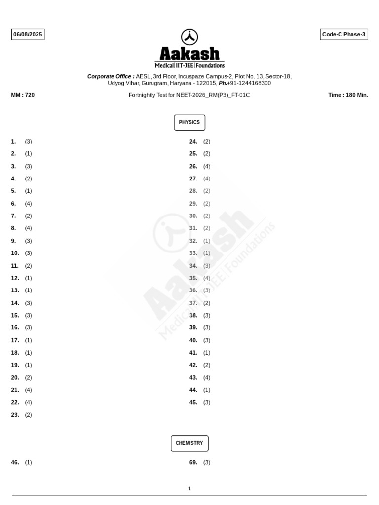 FT-01C - RM (P3) - 06-08-2025 - Answer Key | PDF