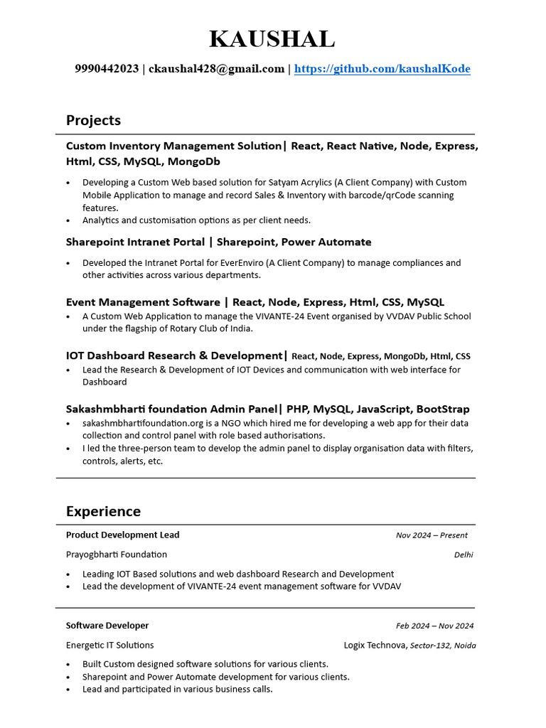 KAUSHAL Professional Resume 27-01-25 | PDF | Web Application | Share Point