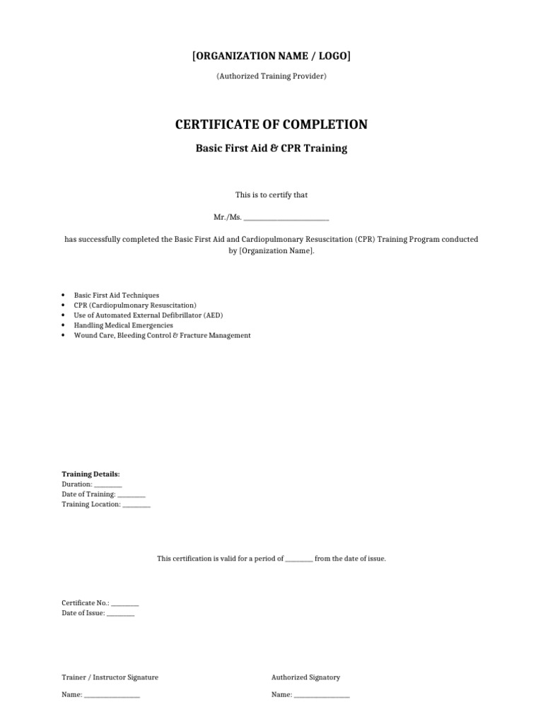First Aid CPR Certificate Landscape | PDF