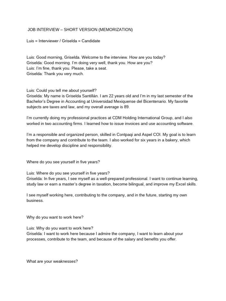 Job Interview – Short Version (Memorization) | PDF