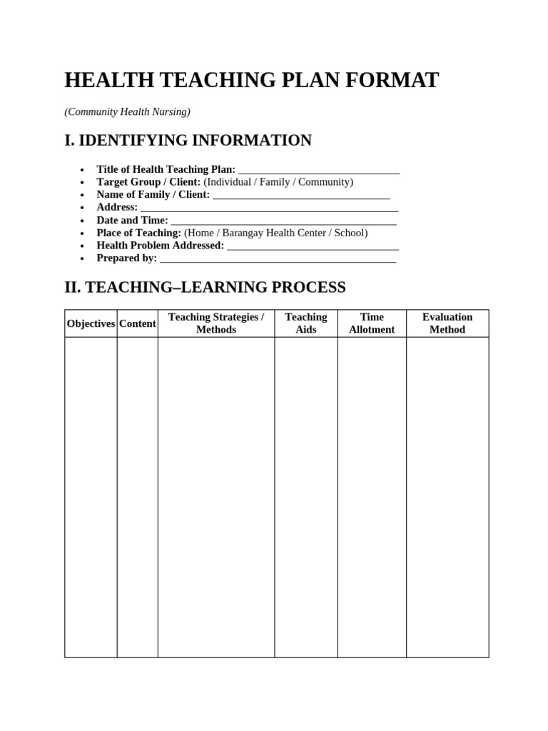 Health Teaching Plan Format | PDF