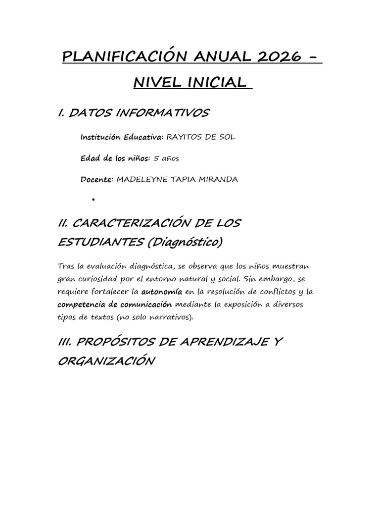 Planificación Anual 2026 | PDF | Aprendizaje | Educación de la primera ...