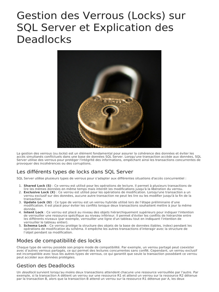 Gestion Des Verrous Locks Sur SQL Server Et Explication Des Deadlocks ...