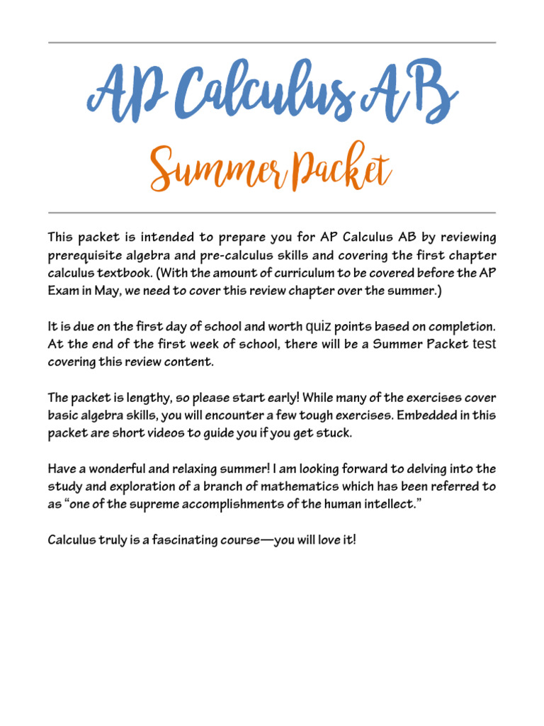 AP Calculus AB Summer Packet (1) | PDF | Trigonometric Functions ...