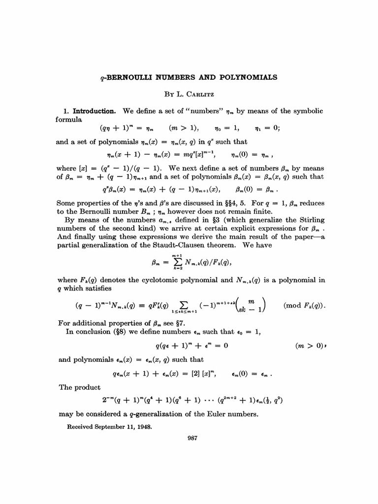 Lc Q-bernoulli Numbers and Polynomials | PDF | Polynomial | Number Theory