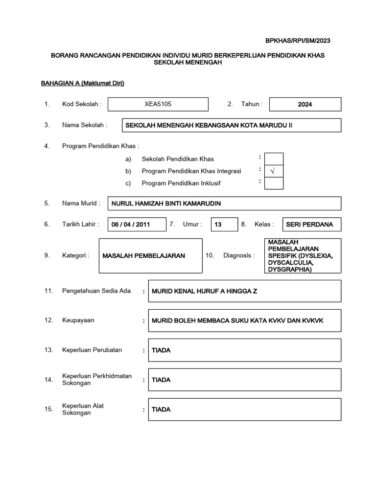 Borang RPI SEKOLAH MENENGAH HAMIZA | PDF