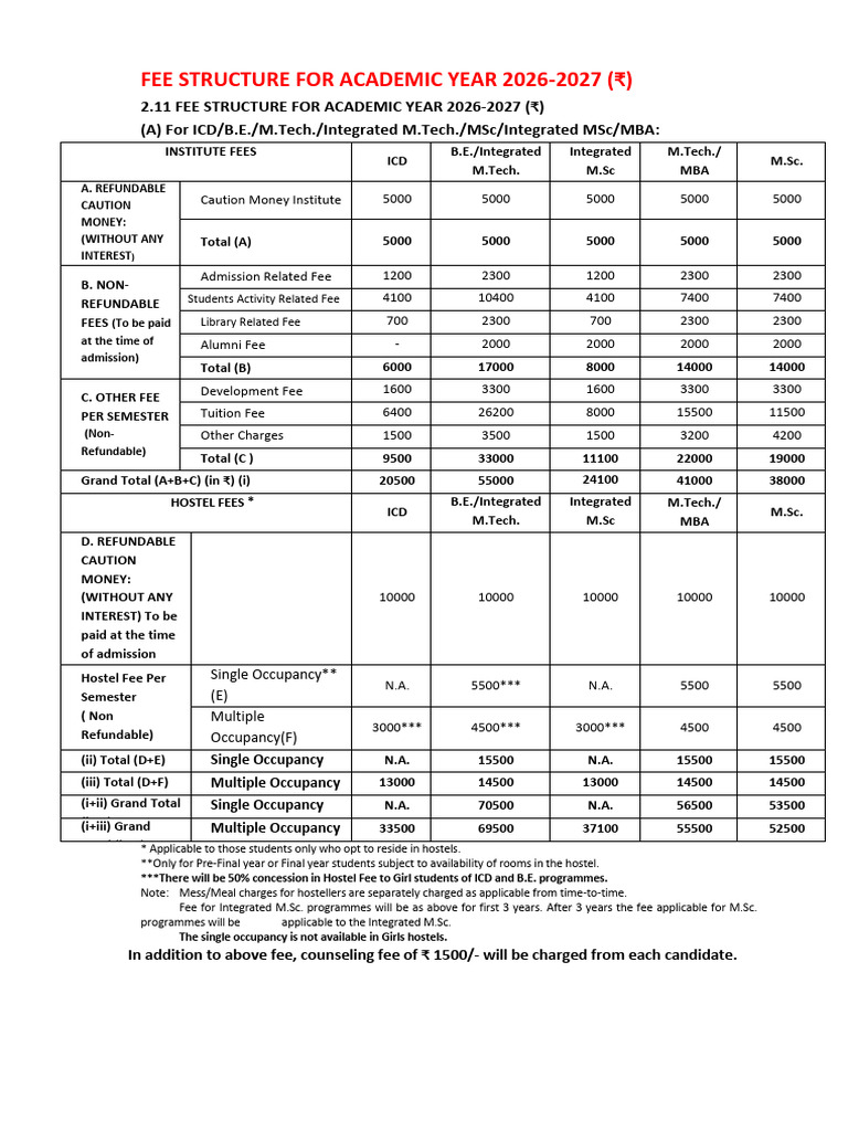 Fee Structure For Academic Year 2026 27 | PDF