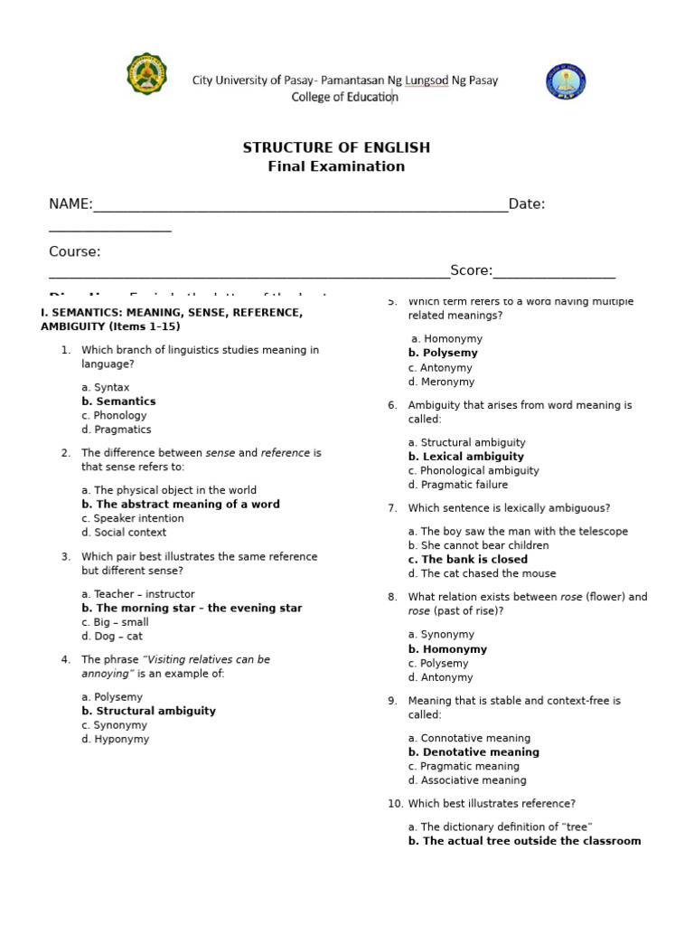 Final Structure of English With Answer Key | PDF | Semantics | Word