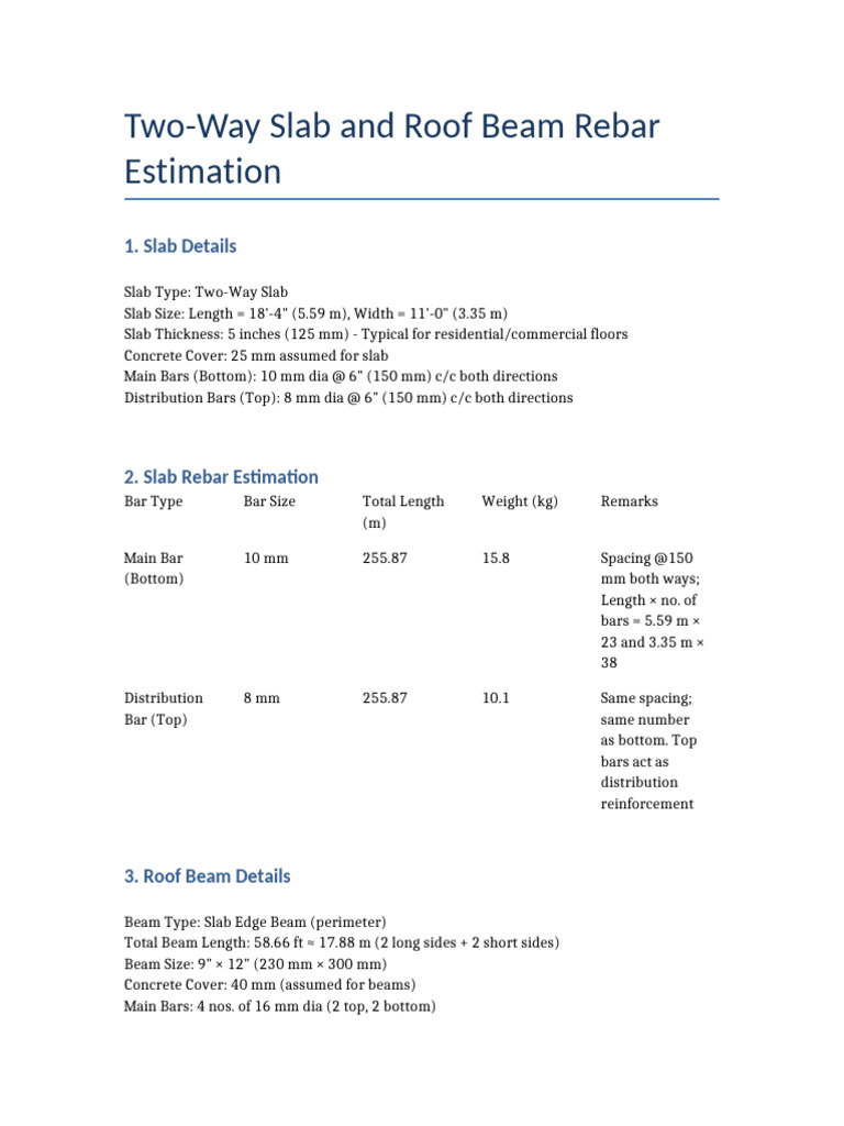Two Way Slab Beam Rebar Estimate | PDF