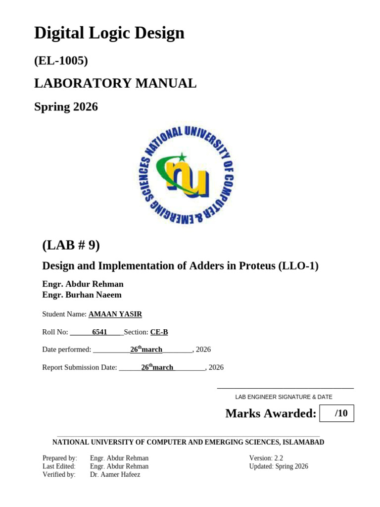 DLD Lab 9 Spring 2026 - Design and Implementation of Adders in Proteus ...