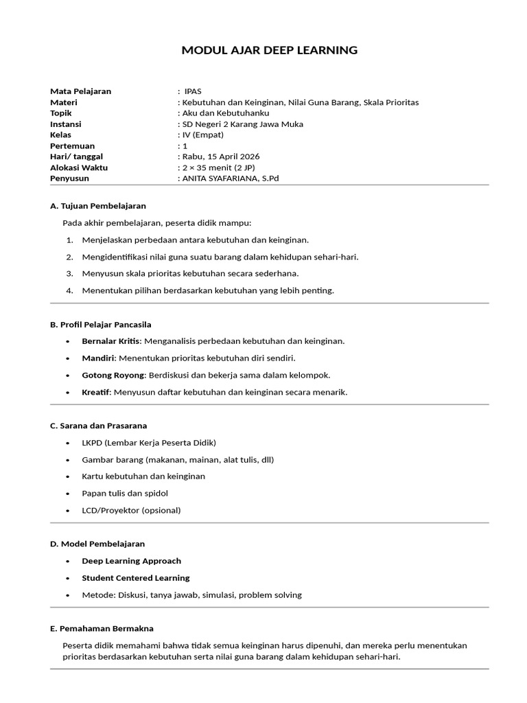 Modul Ajar Deep Learning Kelas 4 Seester 2 Tahun 2026 | PDF