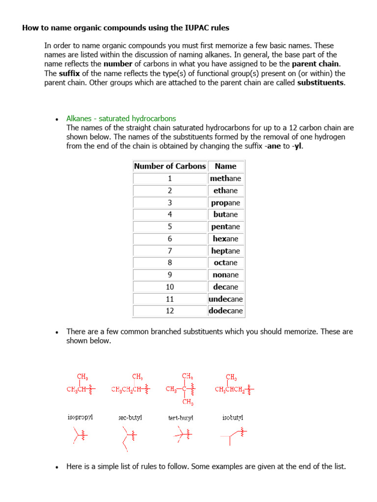 Rules in Naming Organic Compounds With Examples | PDF | Alkene | Alkane