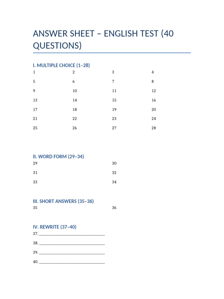 Answer Sheet English 40 | PDF
