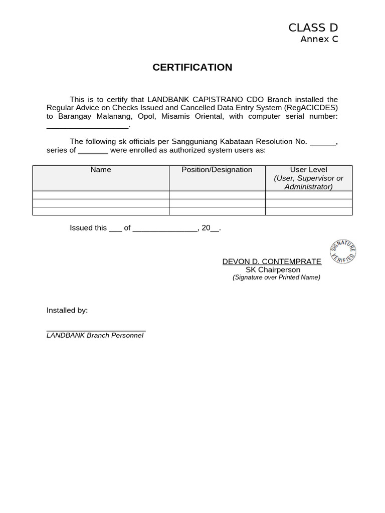 Annex C Certification RegACICDES Installation | PDF