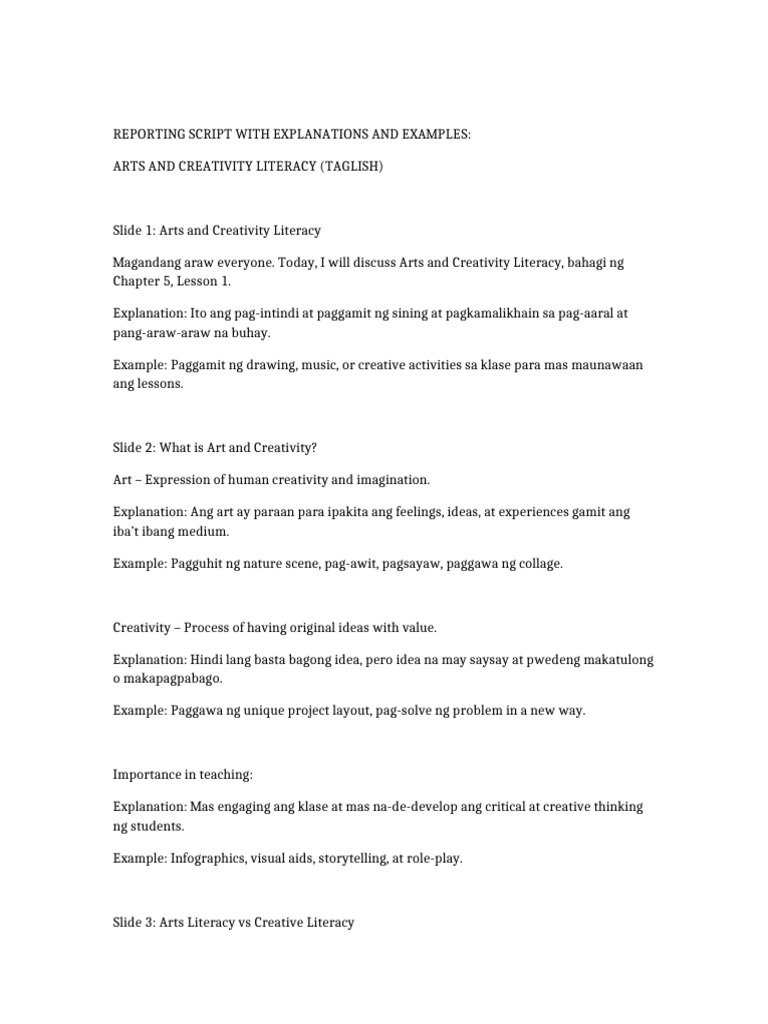 Arts and Creativity Literacy Script Taglish Explained Examples | PDF ...